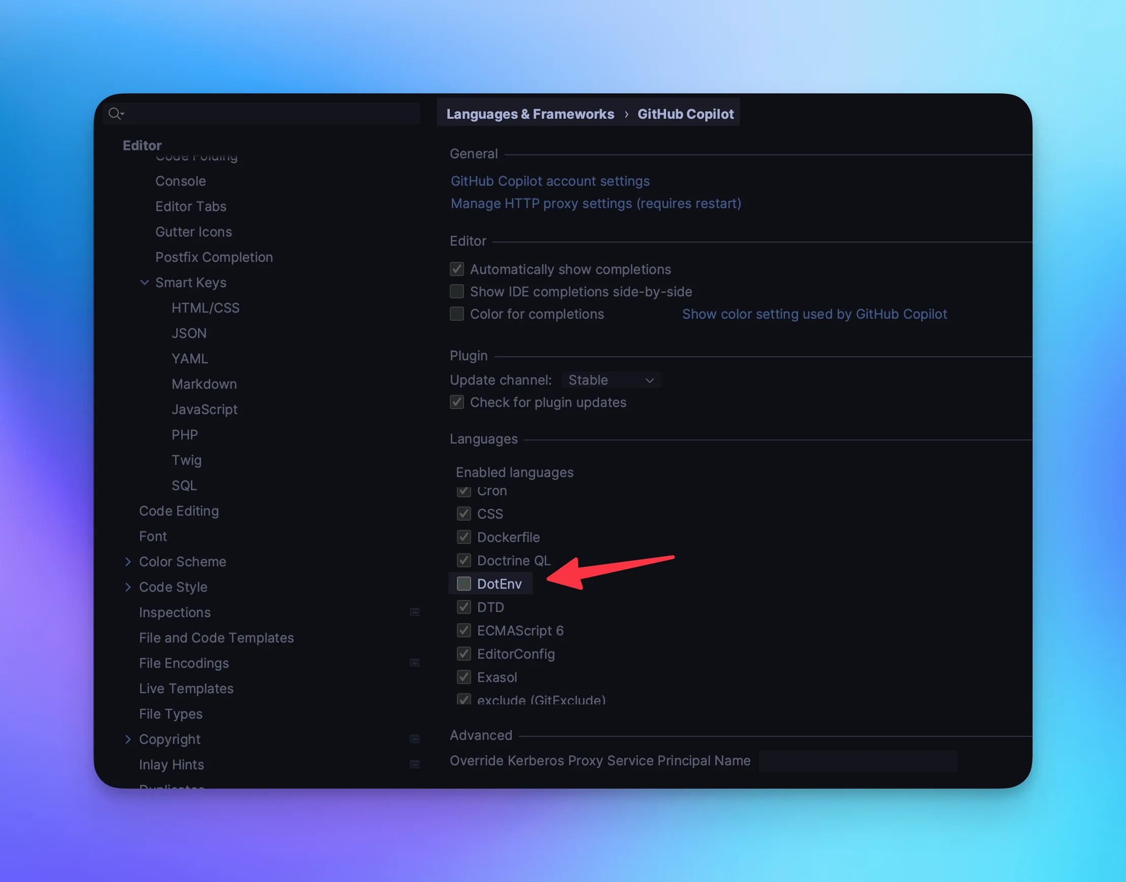 A screenshot of the GitHub Copilot settings.